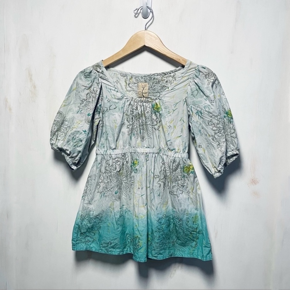 Gramicci Boho Empire Blouse Turquoise Ombre Dip-Dye Floral Print Eyelet, XS